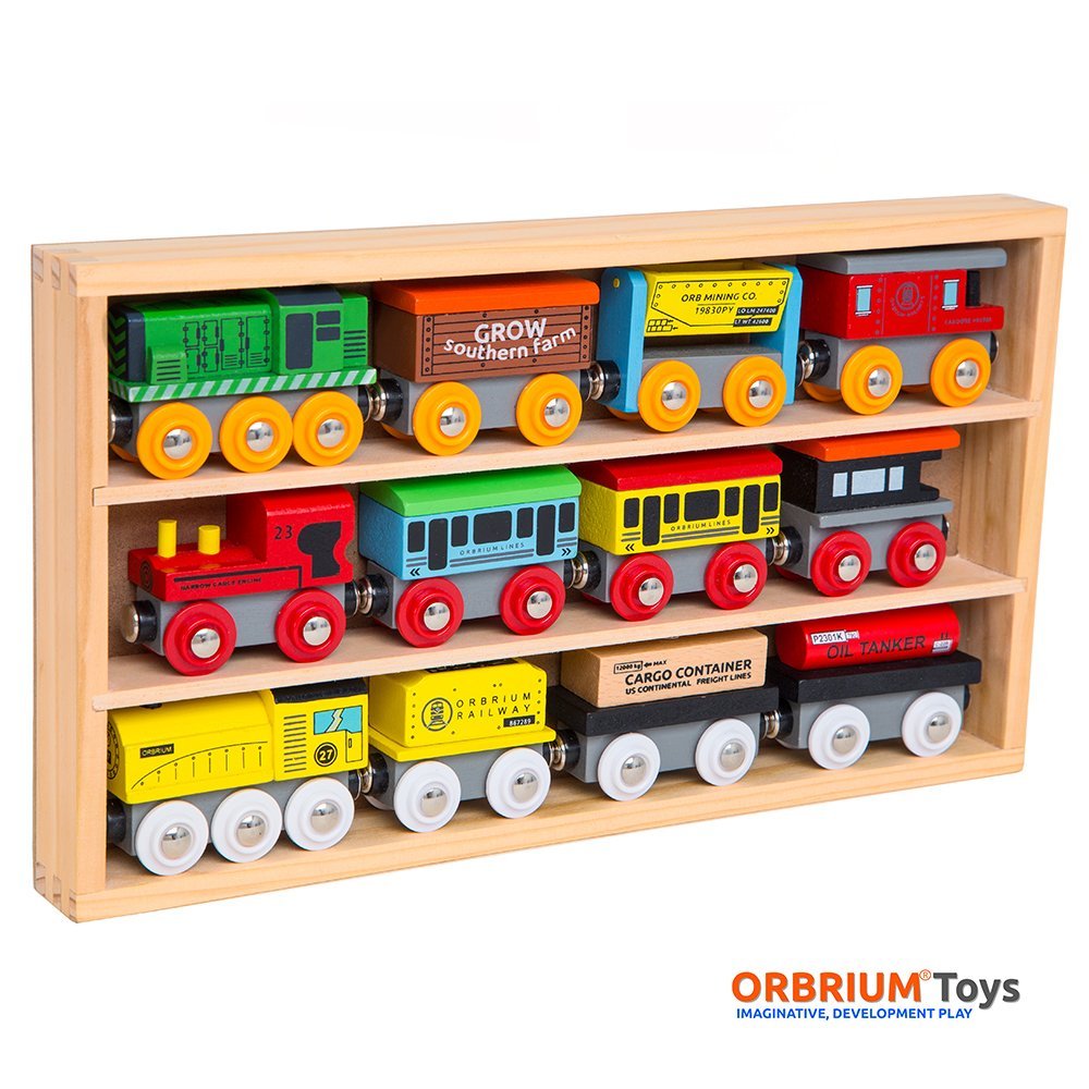 Orbrium Toys 12 Pcs Wooden Engines & Train Cars Collection
