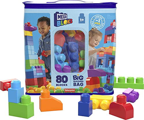 MEGA BLOKS 80-Piece Building Blocks Toddler Toys With Storage Bag Big Building Bag For Toddlers 1-3 - Blue [Packaging May Vary]