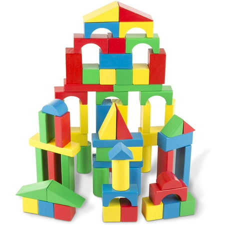 MOHYN Melissa & Doug Wooden Building Blocks Set - 100 Blocks in 4 Colors and 9 Shapes