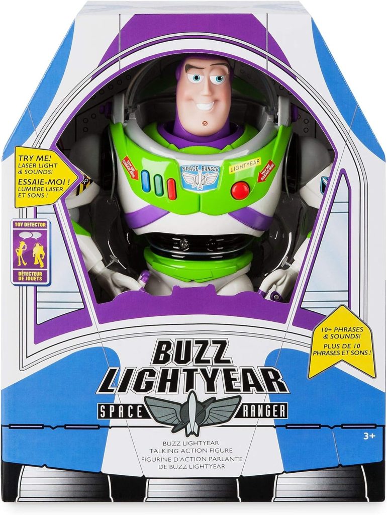 Disney Store Official Buzz Lightyear Interactive Talking Action Figure from Toy Story, 11 inch, Features 10+ English Phrases, Interacts with Other Figures and Toys, Light-Beam Features, Ages 3+ : Toys Games