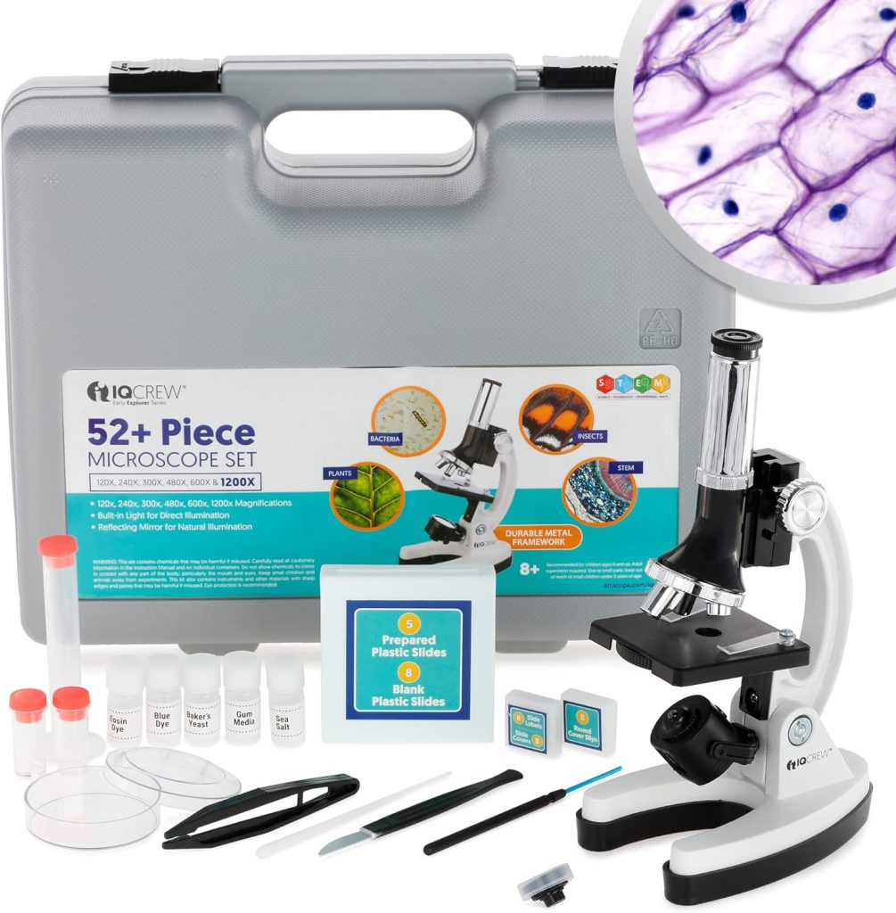 AmScope 120X-1200X 52-pcs Kids Beginner Microscope STEM Kit with Metal Body Microscope, Plastic Slides, LED Light and Carrying Box (M30-ABS-KT2-W),White