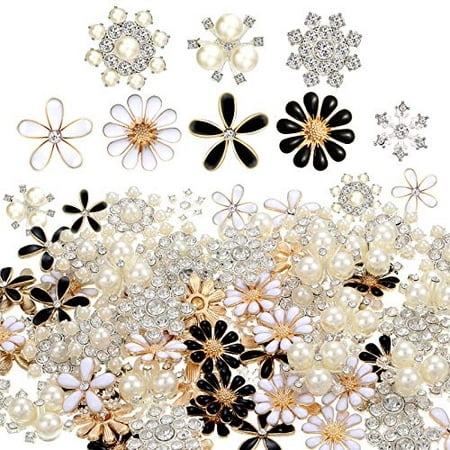 WILLBOND 80 Pieces Rhinestone Buttons Embellishment Buttons Fake Pearls Flat Back Flower Rhinestone Buttons for Jewellery Making Home Wedding Party Decoration