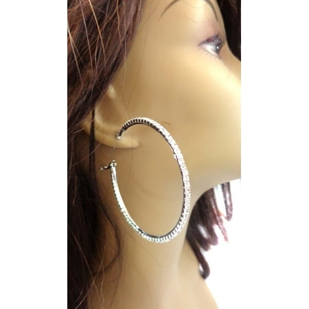 Rhinestone Hoop Earrings Silver Tone Hoops Thin 3 inch Crystal Hoops Large