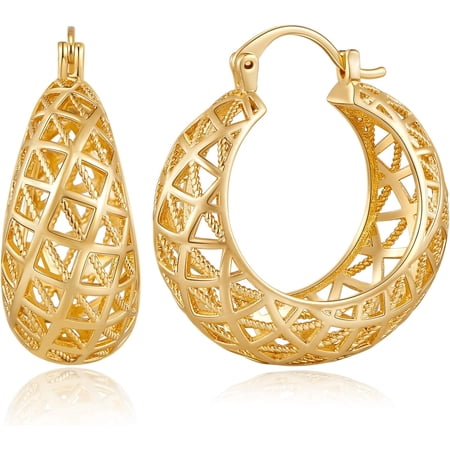Gold Filigree Hoop Earrings for Women 14K Gold Plated Thick Chunky Hoop Earrings Boho Vintage Filigree Earrings Wide Large Openwork Hoop Earrings