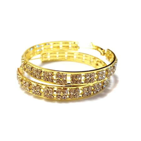 Crystal Earrings 2 inch Hoops Thick Hoops Rhinestone Gold Tone Hoops